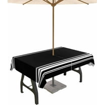 Outdoor Tablecloth with Umbrella Hole & Zipper, Black Striped Rectangle Tablecloth 60x84 Inch, Farmhouse Black White Stripes Patio Table Cover Waterproof Table Cloth for Picnic/Party