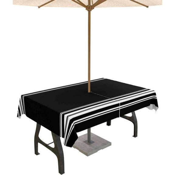 Outdoor Tablecloth with Umbrella Hole & Zipper, Black Striped Rectangle Tablecloth 60x84 Inch, Farmhouse Black White Stripes Patio Table Cover Waterproof Table Cloth for Picnic/Party