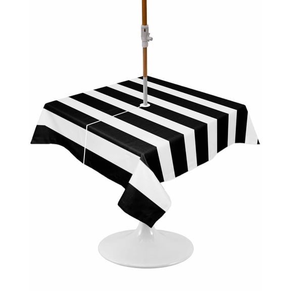 Outdoor Tablecloth with Umbrella Hole and Zipper Black Stripes Square Tablecloths 54x54 Inch Waterproof Table Cloths Modern Simple Striped Patio Table Cover for Outdoor Tables Picnic BBQS Party
