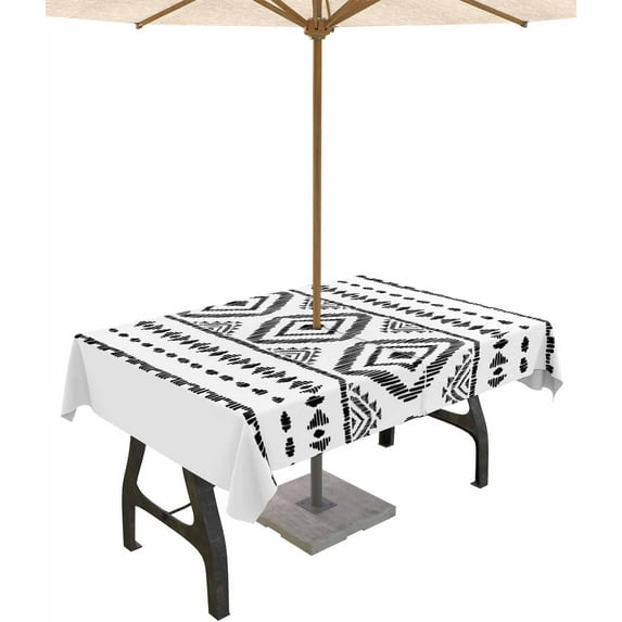 Outdoor Tablecloth with Umbrella Hole and Zipper Black White Boho Outdoor Tablecloths 60x102 Waterproof Table Cloths Bohemian Style Patio Table Cloth Cover for Outdoor Tables Picnic Garden