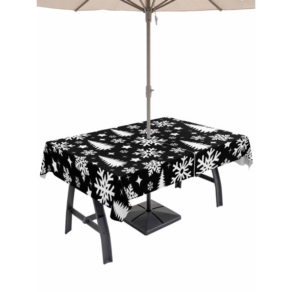 Outdoor Tablecloth with Umbrella Hole and Zipper, Black White Christmas Rectangle Table Cloth 54x80 Inch Waterproof Tablecloth, Xmas Tree Snowflake Winter Abstract Picnic Table Cover for Patio