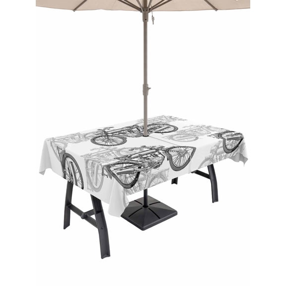 Outdoor Tablecloth with Umbrella Hole and Zipper, Black White Motorcycles Rectangle Table Cloth 54x80 Inch Waterproof Tablecloth, Modern Hand-Painted Vehicles Picnic Table Cover for Patio Camping