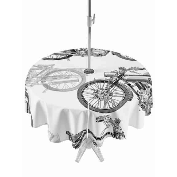 Outdoor Tablecloth with Umbrella Hole and Zipper, Black White Motorcycles Round Table Cloth 60 Inch Waterproof Tablecloth, Modern Hand-Painted Vehicles Picnic Table Cover for Patio Camping