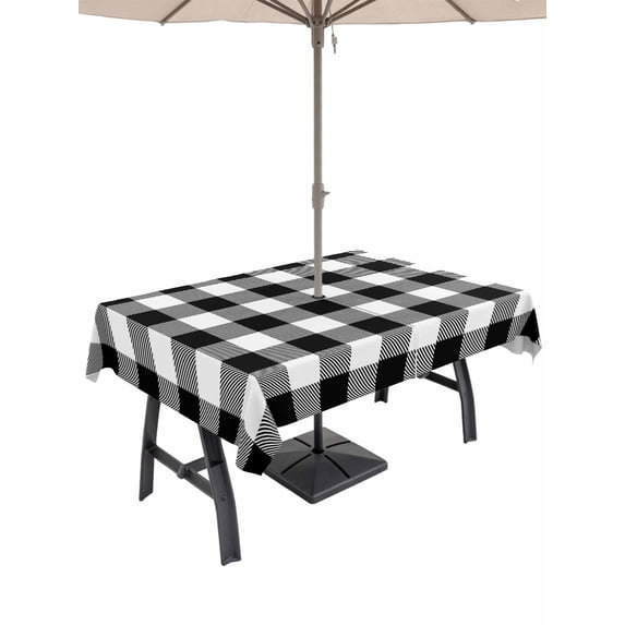 Outdoor Tablecloth with Umbrella Hole and Zipper, Black White Plaid Rectangle Table Cloth 54x80 Inch Waterproof Tablecloth, Farmhouse Modern Art Checkered Picnic Table Cover for Patio Camping