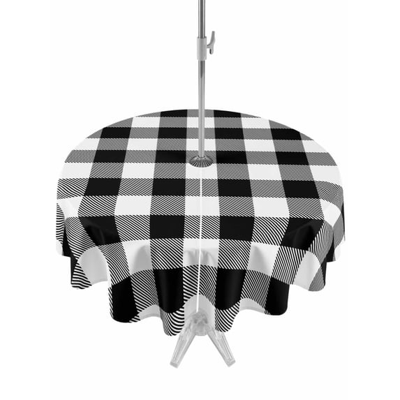 Outdoor Tablecloth with Umbrella Hole and Zipper, Black White Plaid Round Table Cloth 54 Inch Waterproof Tablecloth, Farmhouse Modern Art Checkered Picnic Table Cover for Patio Camping