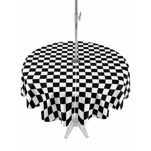 Outdoor Tablecloth with Umbrella Hole Zipper Black White Plaid Round Tablecloth 54" Waterproof Outside Table Cloth Modern Buffalo Check Gingham Art Patio Table Cover Tablecloths for Picnic Party