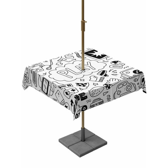 Outdoor Tablecloth with Umbrella Hole and Zipper, Black White Video Game Waterproof Patio Tablecloth for Dining 60''x60'', Console Computer Gaming Sketch Style Table Cover for Picnic BBQ Party