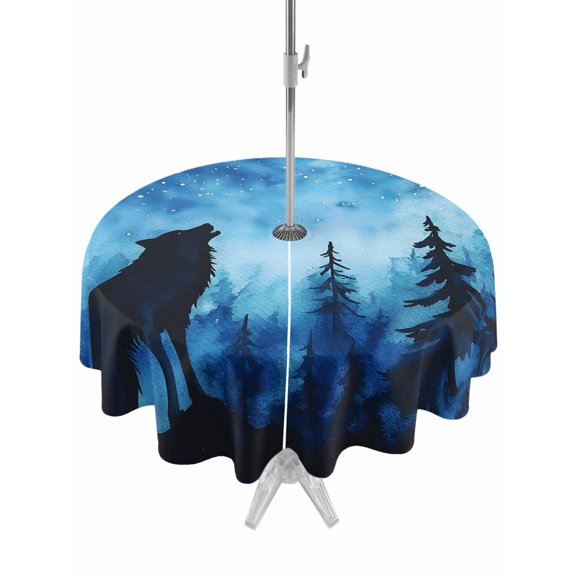 Outdoor Tablecloth with Umbrella Hole Zipper Black Wolf Night Round Tablecloth 54" Waterproof Outside Table Cloth Abstract Forest Silhouette Starry Patio Table Cover Tablecloths for Picnic Party