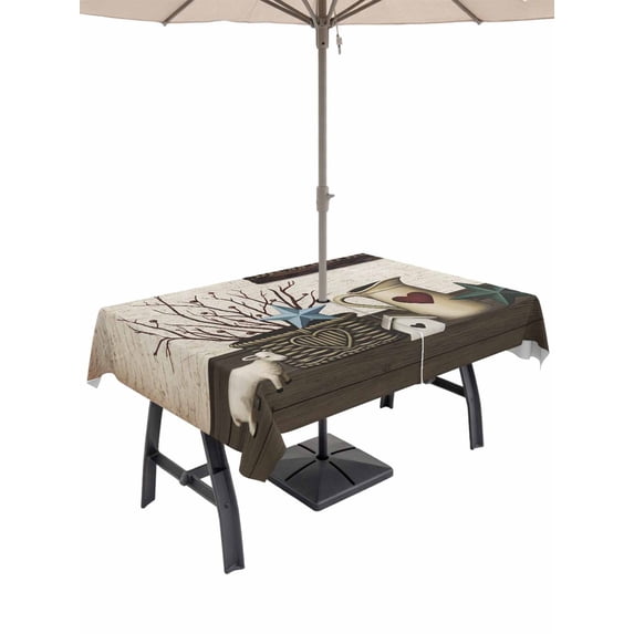 Outdoor Tablecloth with Umbrella Hole and Zipper, Bless OurHome Rectangle Table Cloth 54x80 Inch Waterproof Tablecloth, Farmhouse Pots Texas Stars Retro Wooden Plank Picnic Table Cover for Patio