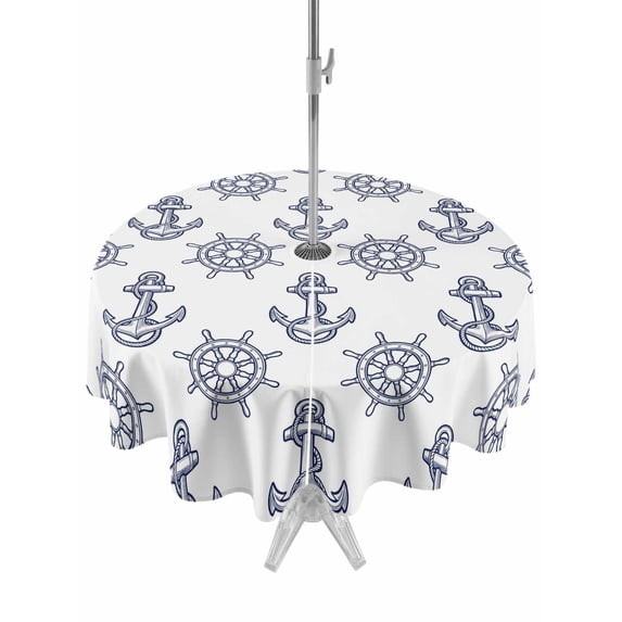 Outdoor Tablecloth with Umbrella Hole Zipper Blue Anchor Nautical Round Tablecloth 54" Waterproof Outside Table Cloth Rudder Coastal Summer Ocean Patio Table Cover Tablecloths for Picnic Party
