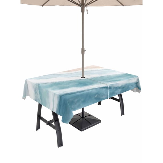 Outdoor Tablecloth with Umbrella Hole & Zipper, Blue Aqua Beach Coastal Rectangle Tablecloth 52x70 Inch, Summer Nautical Seaside Ocean Beige Patio Table Cover Waterproof Table Cloth for Picnic/Party