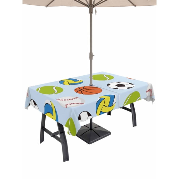 Outdoor Tablecloth with Umbrella Hole and Zipper, Blue Balls Rectangle Table Cloth 60x120 Inch Waterproof Tablecloth, Baseball Tennis Basketball Football Picnic Table Cover for Patio Camping