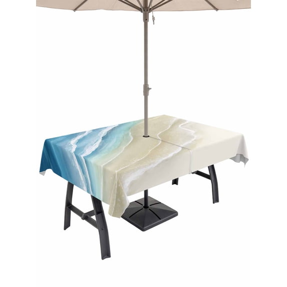 Outdoor Tablecloth with Umbrella Hole and Zipper, Blue Beach Coastal Rectangle Table Cloth 60x120 Inch Waterproof Tablecloth, Summer Ocean Nautical Seaside Picnic Table Cover for Patio Camping