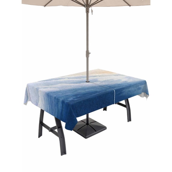 Outdoor Tablecloth with Umbrella Hole & Zipper, Blue Beach Coastal Rectangle Tablecloth 52x70 Inch, Summer Ocean Nautical Seaside Patio Table Cover Waterproof Table Cloth for Picnic/Party