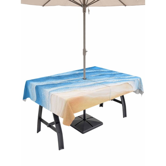 Outdoor Tablecloth with Umbrella Hole & Zipper, Blue Beach Coastal Rectangle Tablecloth 60x120 Inch, Summer Nautical Seaside Ocean Ombre Patio Table Cover Waterproof Table Cloth for Picnic/Party