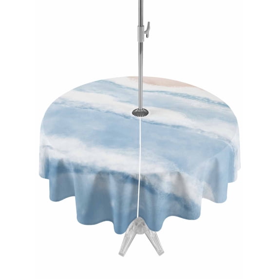 Outdoor Tablecloth with Umbrella Hole & Zipper, Blue Beach Coastal Round Tablecloth 60 Inch, Summer Nautical Seaside Ocean Beige Patio Table Cover Waterproof Table Cloth for Picnic/Party