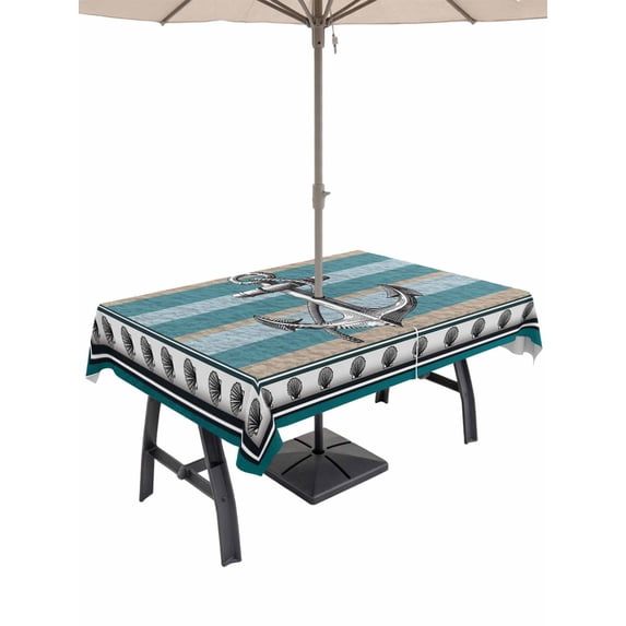 Outdoor Tablecloth with Umbrella Hole and Zipper, Blue Beige Anchor Rectangle Table Cloth 54x80 Inch Waterproof Tablecloth, Nautical Summer Beach Coastal Ocean Picnic Table Cover for Patio Camping