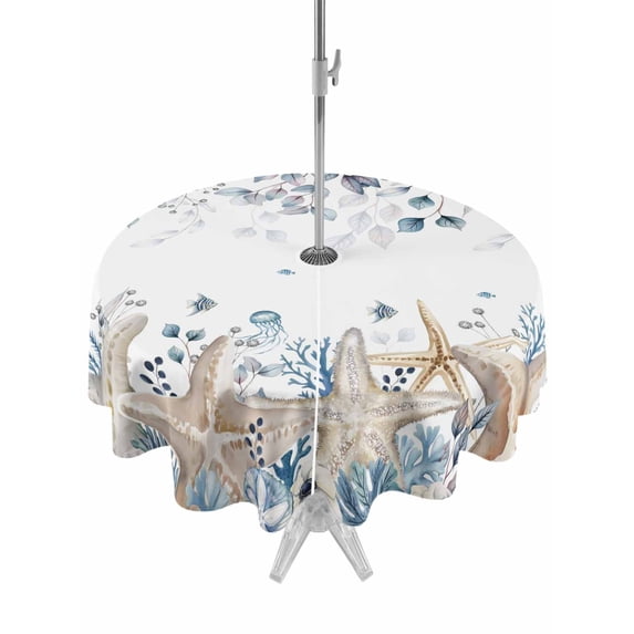Outdoor Tablecloth with Umbrella Hole & Zipper, Blue Beige Coastal Round Tablecloth 54 Inch, Beach Starfish Summer Eucalyptus Patio Table Cover Waterproof Table Cloth for Picnic/Party