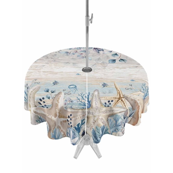 Outdoor Tablecloth with Umbrella Hole & Zipper, Blue Beige Coastal Round Tablecloth 60 Inch, Beach Starfish Summer Eucalyptus Vintage Patio Table Cover Waterproof Table Cloth for Picnic/Party