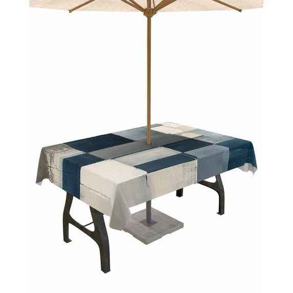 Outdoor Tablecloth with Umbrella Hole & Zipper, Blue Beige Geometric Rectangle Tablecloth 52x70 Inch, Vintage Farmhouse Ombre Painting Patio Table Cover Waterproof Table Cloth for Picnic/Party