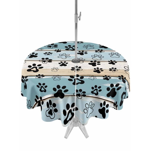 Outdoor Tablecloth with Umbrella Hole Zipper Blue Beige Paw Print Round Tablecloth 60" Waterproof Outside Table Cloth Vintage Farmhouse Country Wood Grain Patio Table Cover Tablecloths for Picnic