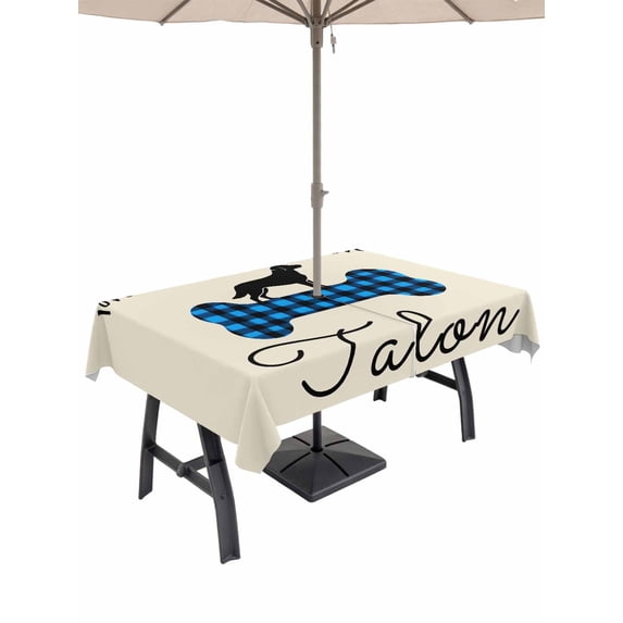 Outdoor Tablecloth with Umbrella Hole and Zipper, Blue Black Buffalo Checkered Rectangle Table Cloth 60x120 Inch Waterproof Tablecloth, Bones Cute Dogs Pets Picnic Table Cover for Patio Camping