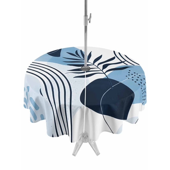 Outdoor Tablecloth with Umbrella Hole and Zipper, Blue Bohogeometric Round Table Cloth 54 Inch Waterproof Tablecloth, Bohemia Ethnic Abstract Lines Leaf Picnic Table Cover for Patio Camping