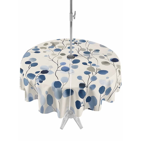 Outdoor Tablecloth with Umbrella Hole Zipper Blue Botanical Round Tablecloth 54" Waterproof Outside Table Cloth Summer Floral Leaves Farmhouse Patio Table Cover Tablecloths for Picnic Party
