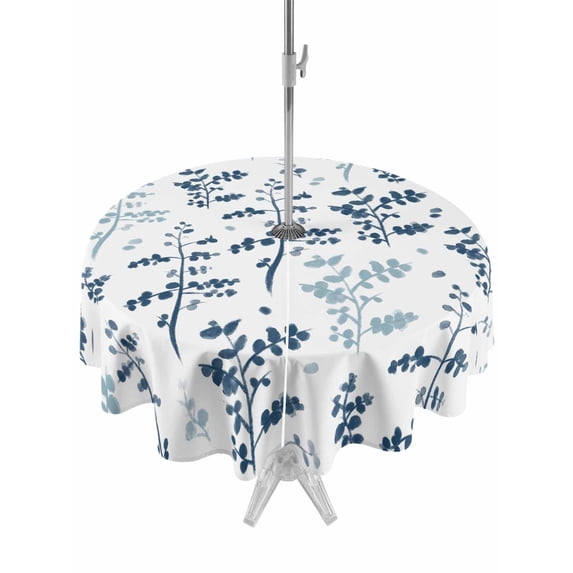 Outdoor Tablecloth with Umbrella Hole Zipper Blue Botanical Round Tablecloth 54" Waterproof Outside Table Cloth Watercolor Spring Floral Summer Leaf Patio Table Cover Tablecloths for Picnic Party