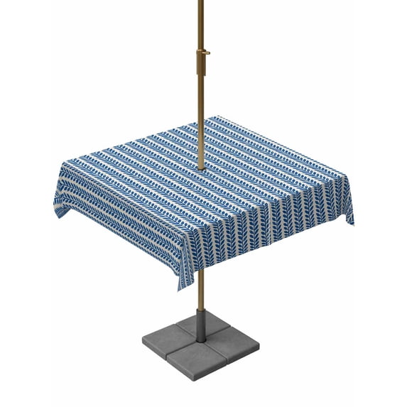 Outdoor Tablecloth with Umbrella Hole & Zipper, Blue Botanical Square Tablecloth 54x54 Inch, Farmhouse Modern Striped Leaf Patio Table Cover Waterproof Table Cloth for Picnic/Party