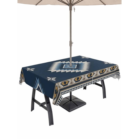 Outdoor Tablecloth with Umbrella Hole and Zipper, Blue Brown Boho Rectangle Table Cloth 52x70 Inch Waterproof Tablecloth, Country Southwest Tribal Abstract Motifs Picnic Table Cover for Patio Camping