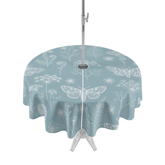 Outdoor Tablecloth with Umbrella Hole Zipper Blue Butterfly Botanical Round Tablecloth 60" Waterproof Outside Table Cloth Summer Plants Line Art Patio Table Cover Tablecloths for Picnic Party