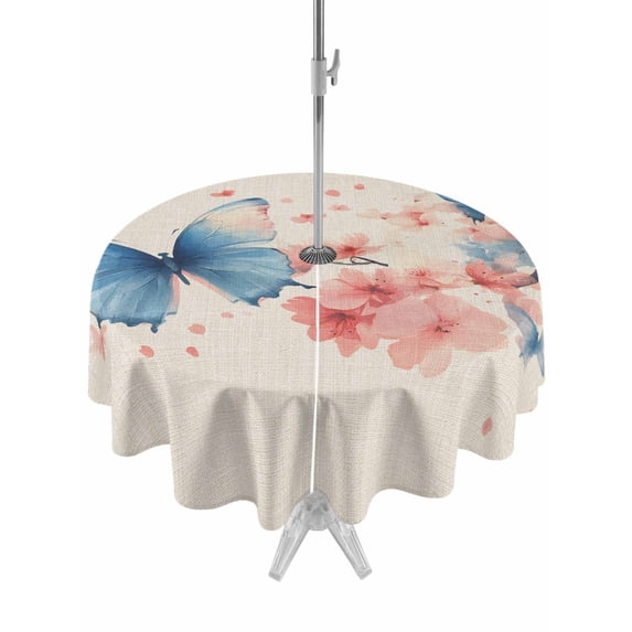 Outdoor Tablecloth with Umbrella Hole Zipper Blue Butterfly Round Tablecloth 60" Waterproof Outside Table Cloth Retro Country Spring Pink Flowers Plants Patio Table Cover Tablecloths for Picnic Party