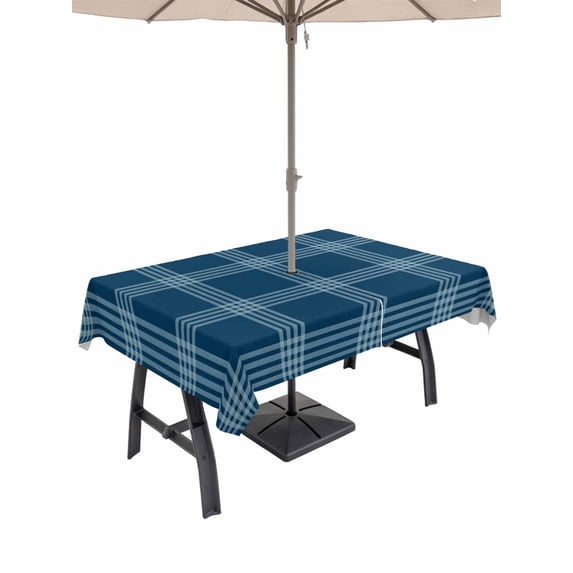 Outdoor Tablecloth with Umbrella Hole & Zipper, Blue Checkered Rectangle Tablecloth 60x84 Inch, Farmhouse Buffalo Plaid Modern Patio Table Cover Waterproof Table Cloth for Picnic/Party