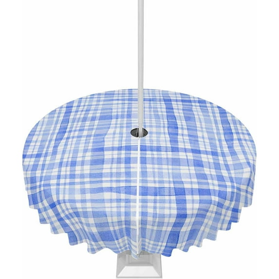 Outdoor Tablecloth with Umbrella Hole & Zipper, Blue Checkered Round Tablecloth 60 Inch, Watercolor Buffalo Plaid Blue Patio Table Cover Waterproof Table Cloth for Picnic/Party