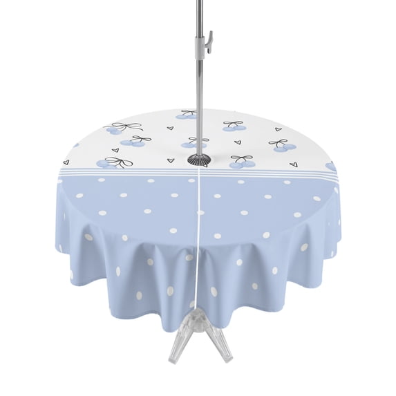Outdoor Tablecloth with Umbrella Hole Zipper Blue Cherry Round Tablecloth 60" Waterproof Outside Table Cloth Elegant Pastoral Farmhouse Art Polka Dots Patio Table Cover Tablecloths for Picnic Party