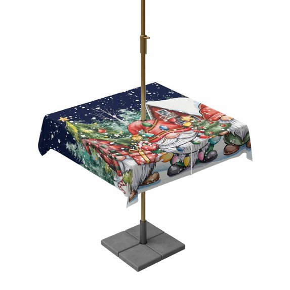 Outdoor Tablecloth with Umbrella Hole and Zipper, Blue Christmas Gnomes Square Table Cloth 60x60 Inch Waterproof Tablecloth, Xmas Winter Forest Pine Tree Picnic Table Cover for Patio Camping