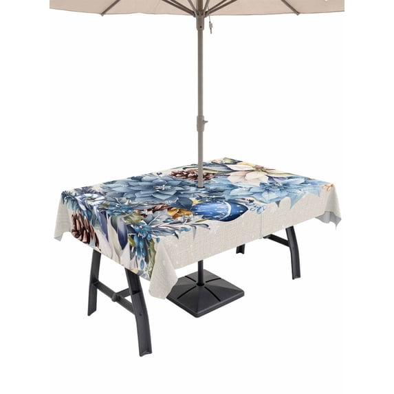 Outdoor Tablecloth with Umbrella Hole and Zipper, Blue Christmas Poinsettia Rectangle Table Cloth 52x70 Inch Waterproof Tablecloth, Xmas Botanical Balls Snowflake Rustic Picnic Table Cover for Patio