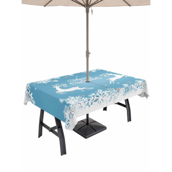 Outdoor Tablecloth with Umbrella Hole and Zipper, Blue Christmas Rectangle Table Cloth 52x70 Inch Waterproof Tablecloth, Elk Xmas Snowflake Winter Deer Picnic Table Cover for Patio Camping