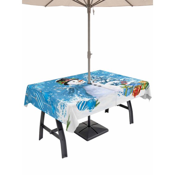 Outdoor Tablecloth with Umbrella Hole and Zipper, Blue Christmas Rectangle Table Cloth 52x70 Inch Waterproof Tablecloth, Snowman Xmas Tree Ball Gifts Winter Picnic Table Cover for Patio Camping