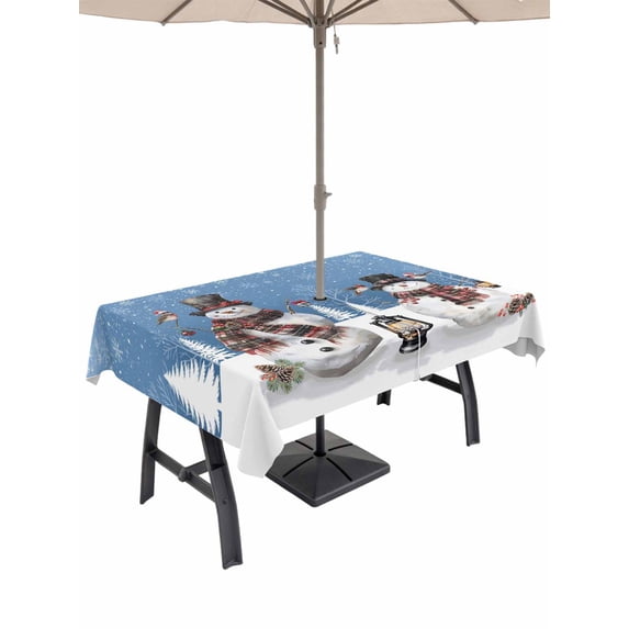 Outdoor Tablecloth with Umbrella Hole and Zipper, Blue Christmas Rectangle Table Cloth 54x80 Inch Waterproof Tablecloth, Snowman Snowflake Winter Birds Picnic Table Cover for Patio Camping