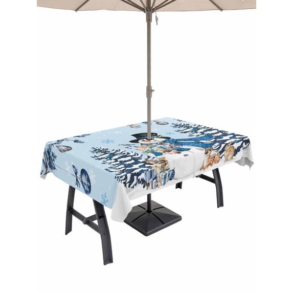 Outdoor Tablecloth with Umbrella Hole and Zipper, Blue Christmas Rectangle Table Cloth 54x80 Inch Waterproof Tablecloth, Snowman Xmas Tree Balls Snowflake Picnic Table Cover for Patio Camping