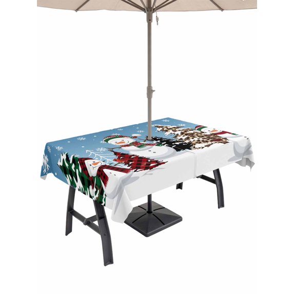 Outdoor Tablecloth with Umbrella Hole and Zipper, Blue Christmas Rectangle Table Cloth 54x80 Inch Waterproof Tablecloth, Snowman Xmas Tree Winter Snowflake Picnic Table Cover for Patio Camping
