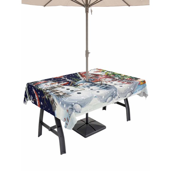 Outdoor Tablecloth with Umbrella Hole and Zipper, Blue Christmas Rectangle Table Cloth 54x80 Inch Waterproof Tablecloth, Xmas Winter Snowman Snowflakes Trees Picnic Table Cover for Patio Camping