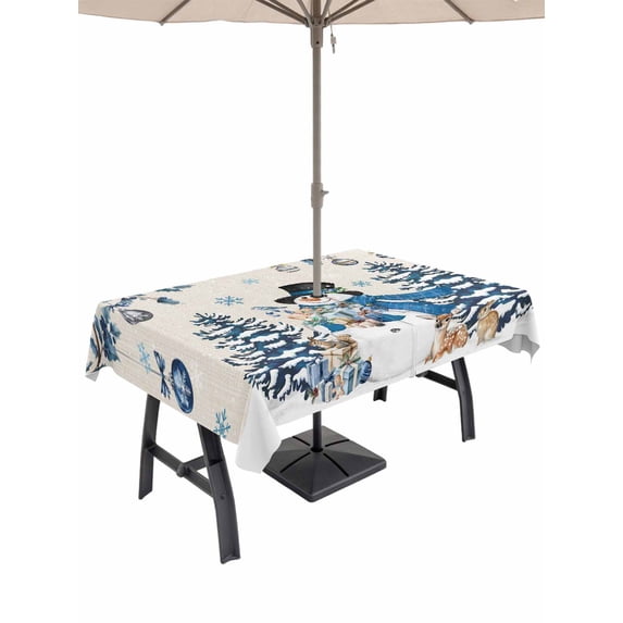 Outdoor Tablecloth with Umbrella Hole and Zipper, Blue Christmas Rectangle Table Cloth 60x102 Inch Waterproof Tablecloth, Snowman Xmas Tree Balls Snowflake Rustic Picnic Table Cover for Patio Camping