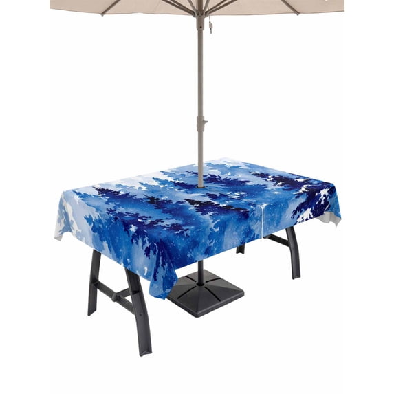 Outdoor Tablecloth with Umbrella Hole and Zipper, Blue Christmas Rectangle Table Cloth 60x120 Inch Waterproof Tablecloth, Winter Snowflake Abstract Forest Tree Picnic Table Cover for Patio Camping