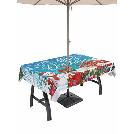 Outdoor Tablecloth with Umbrella Hole and Zipper, Blue Christmas Rectangle Table Cloth 60x120 Inch Waterproof Tablecloth, Winter Snowman Xmas Santa Snowflake Picnic Table Cover for Patio Camping