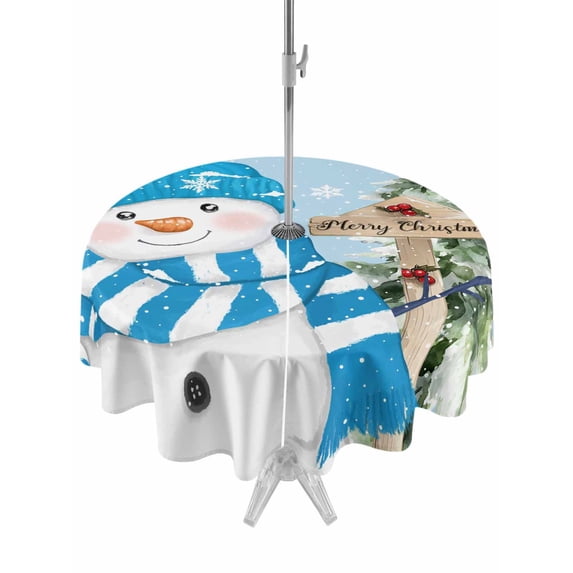 Outdoor Tablecloth with Umbrella Hole and Zipper, Blue Christmas Round Table Cloth 54 Inch Waterproof Tablecloth, Winter Snowman Xmas Pine Tree Snowy Picnic Table Cover for Patio Camping