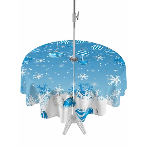 Outdoor Tablecloth with Umbrella Hole and Zipper, Blue Christmas Round Table Cloth 54 Inch Waterproof Tablecloth, Xmas Balls Winter Snowflake Modern Art Picnic Table Cover for Patio Camping