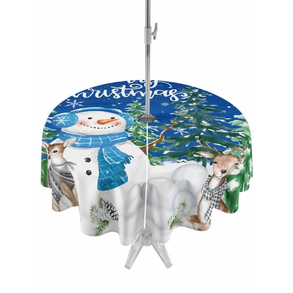 Outdoor Tablecloth with Umbrella Hole and Zipper, Blue Christmas Round Table Cloth 54 Inch Waterproof Tablecloth, Xmas Snowman Pine Trees Elk Snowflake Picnic Table Cover for Patio Camping